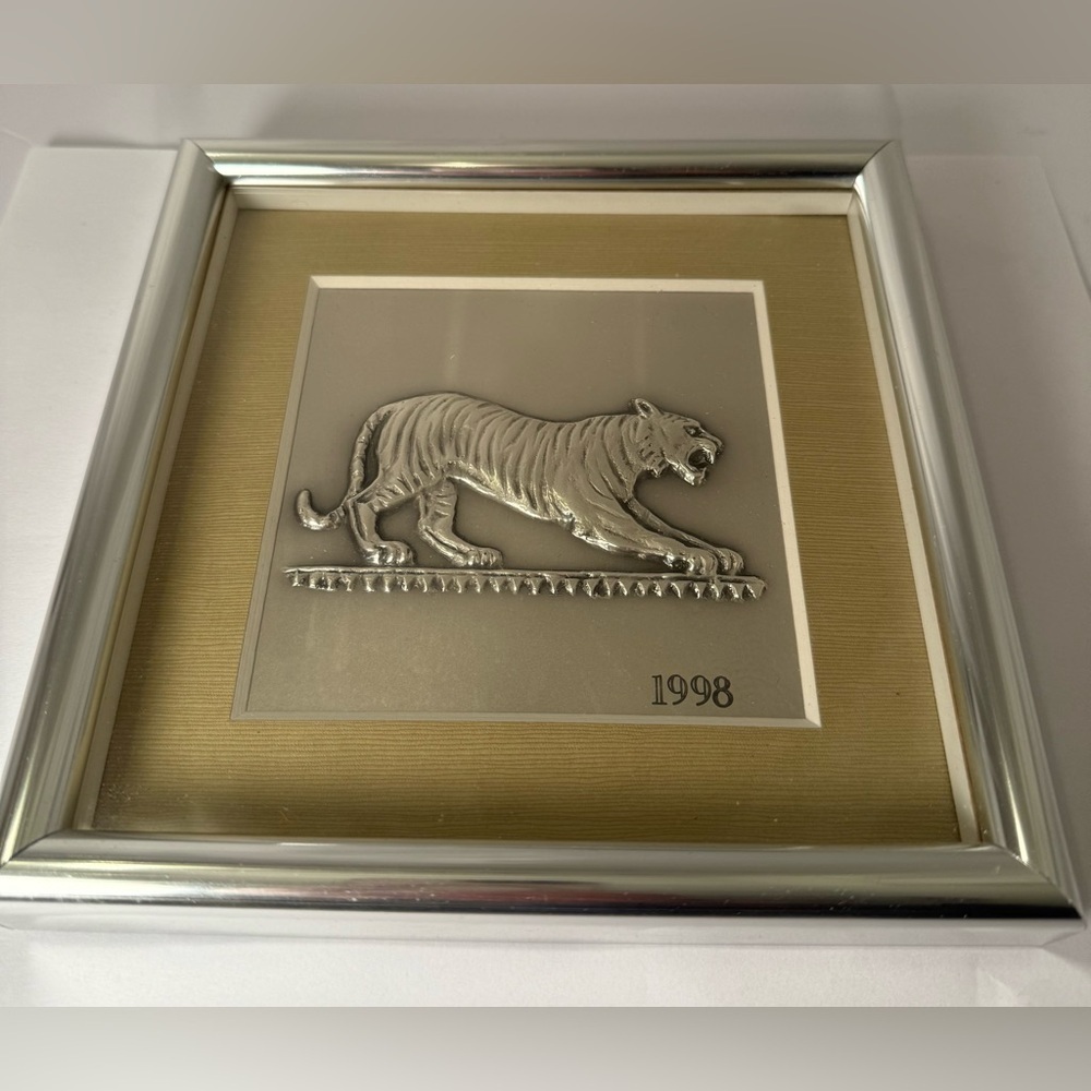 Vintage Framed Pewter Relief Of Tiger 1998